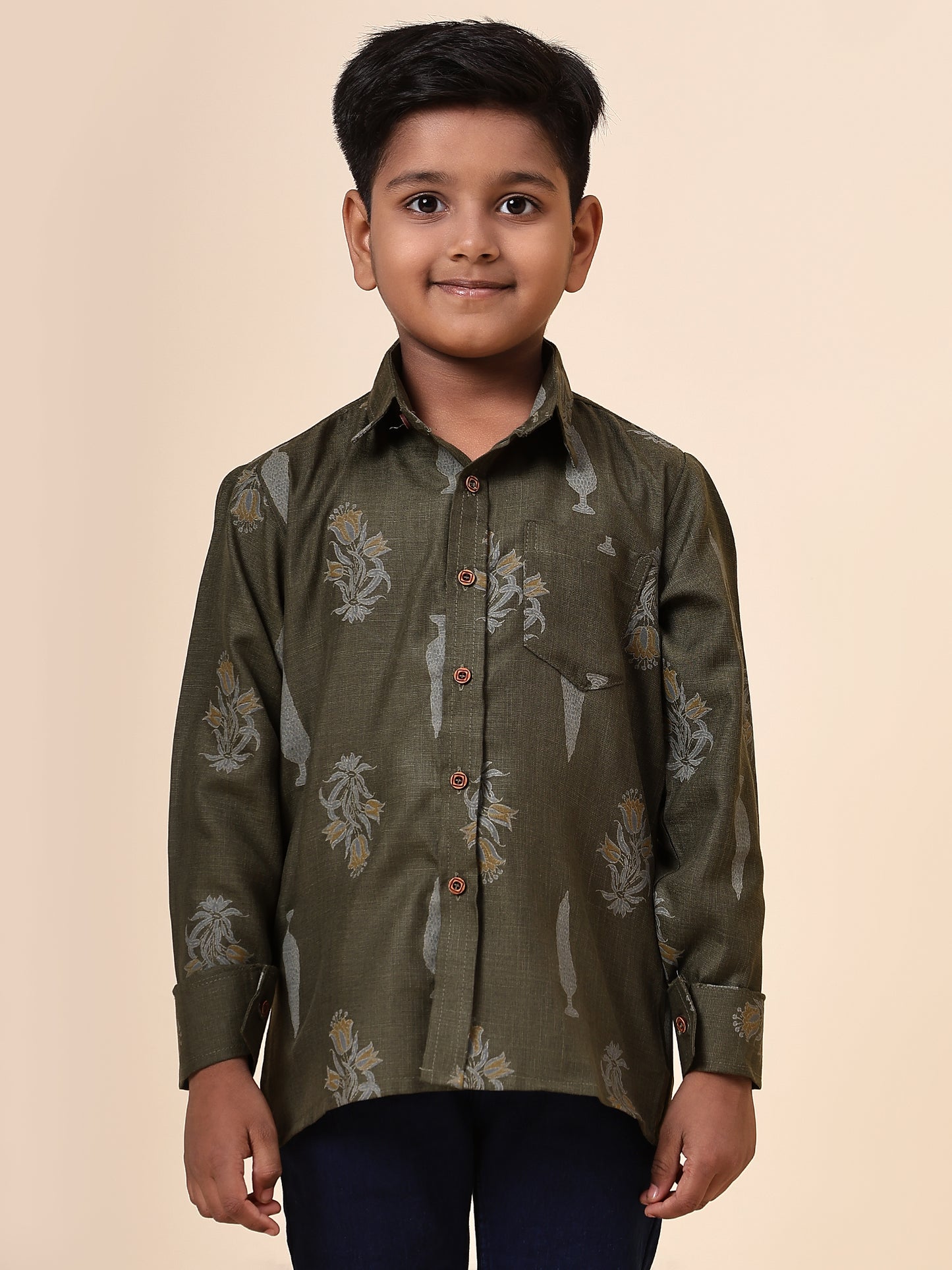 Karnam Junior - Boys Olive Green Foliage Printed Cotton Shirt