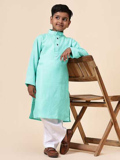 Karnam Junior - Boys Turquoise Blue Cotton Kurta Set