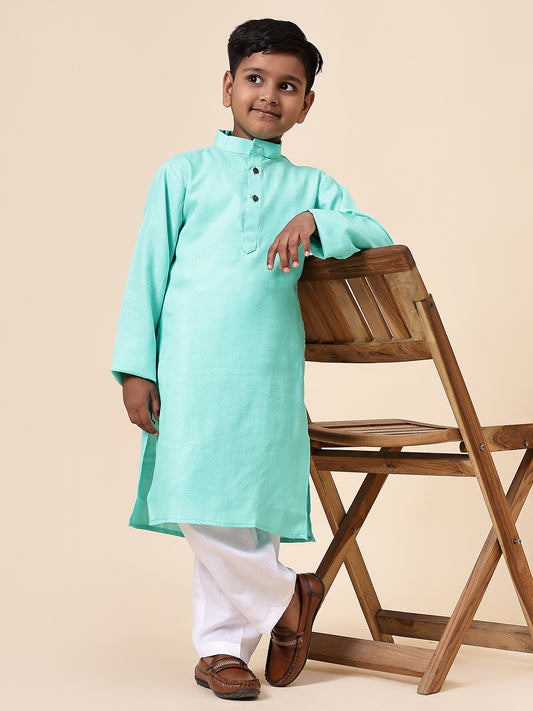 Karnam Junior - Boys Turquoise Blue Cotton Kurta Set