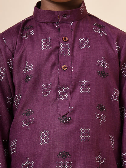 Karnam Junior - Boys Purple Square Printed Cotton Short Kurta