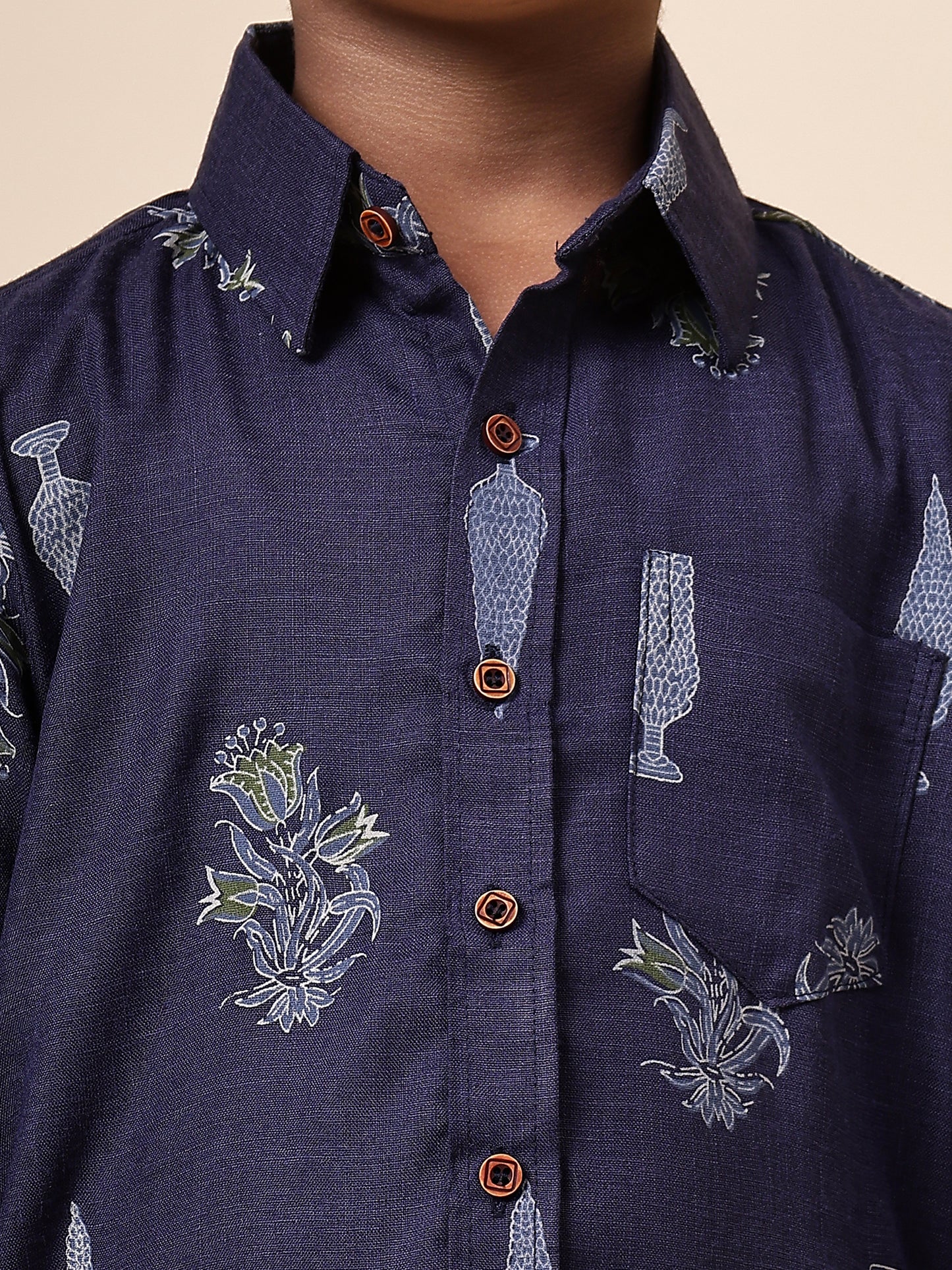 Karnam Junior - Boys Navy Blue Foliage Printed Cotton Shirt