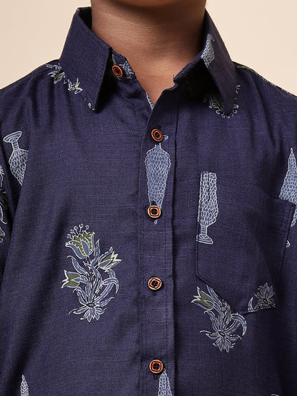 Karnam Junior - Boys Navy Blue Foliage Printed Cotton Shirt