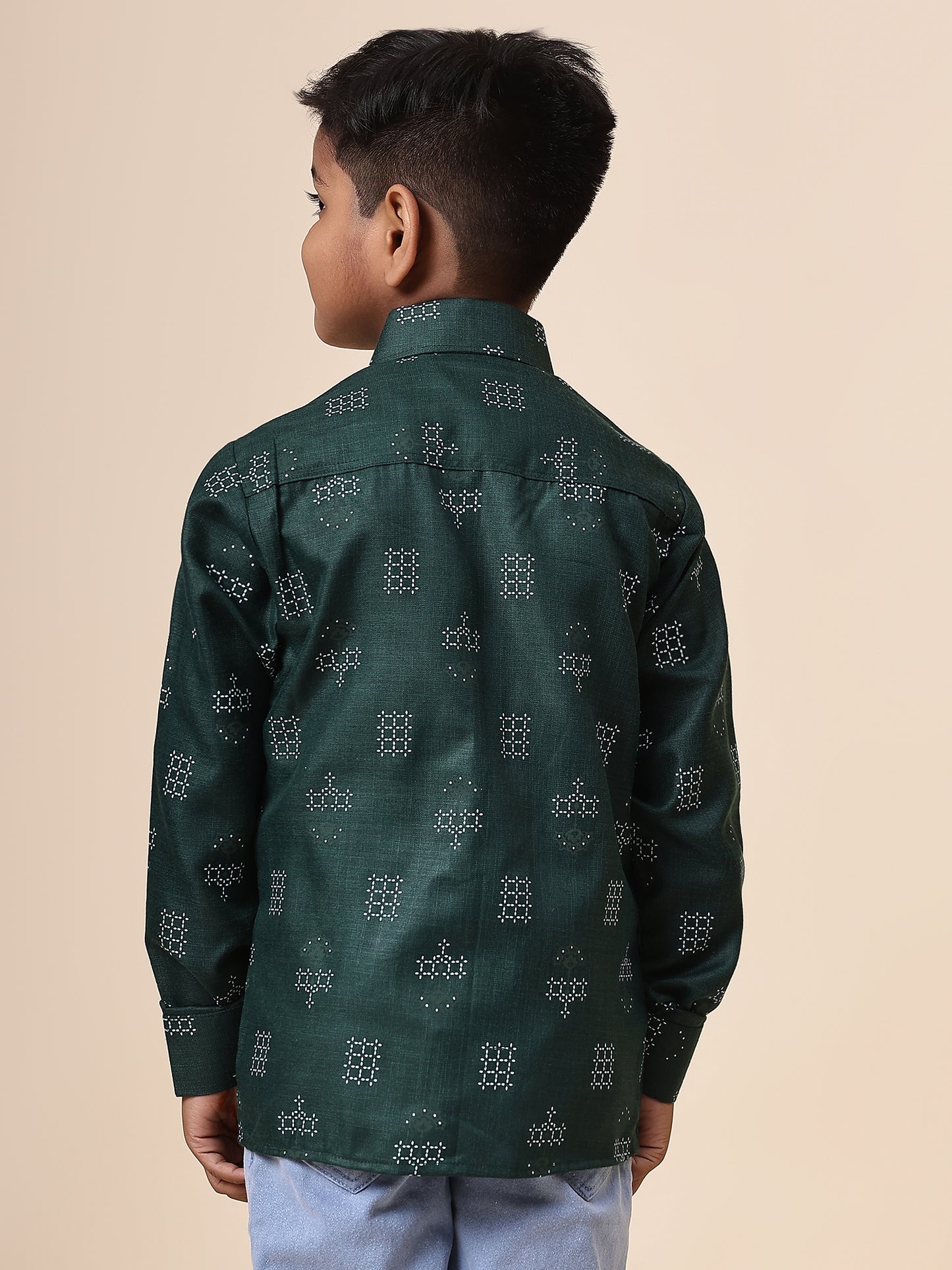 Karnam Junior - Boys Bottle Green Square Printed Cotton Shirt