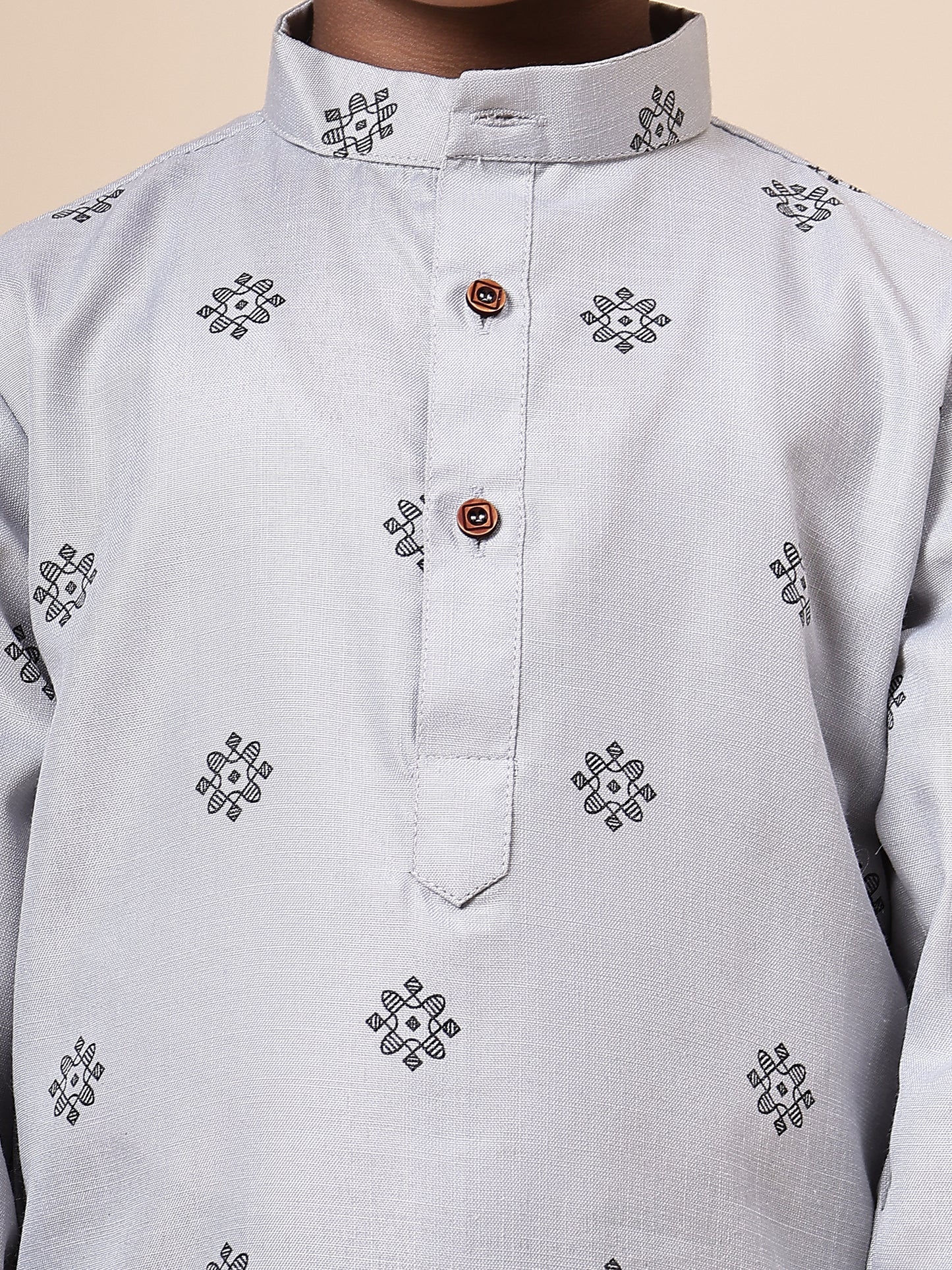 Karnam Junior - Boys Grey Printed Cotton Short Kurta