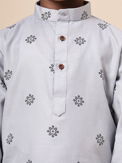 Karnam Junior - Boys Grey Printed Cotton Short Kurta