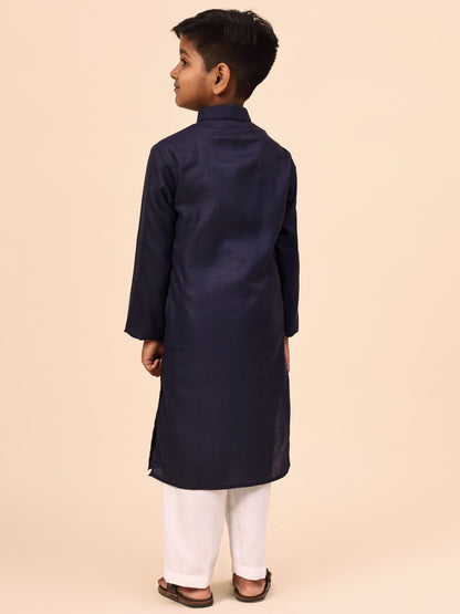 Karnam Junior - Boys Navy Blue Cotton Kurta Set