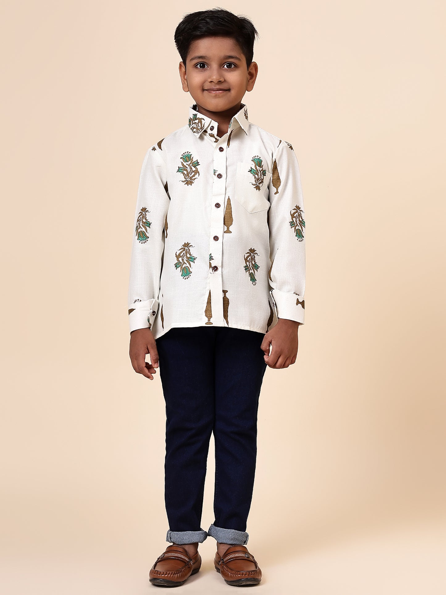 Karnam Junior - Boys Cream Foliage Printed Cotton Shirt