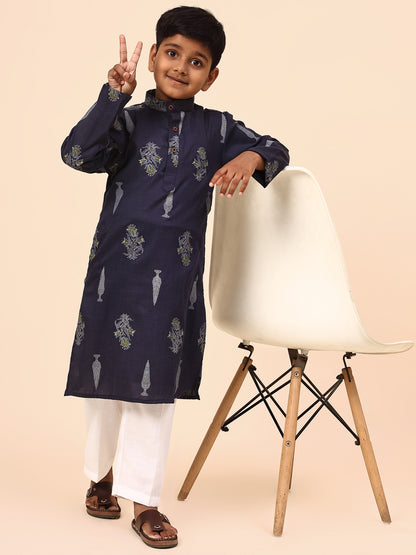 Karnam Junior - Boys Navy Blue Foliage Printed Cotton Long Kurta Top