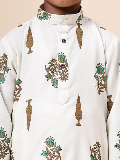 Karnam Junior - Boys Cream Foliage Printed Cotton Long Kurta Top