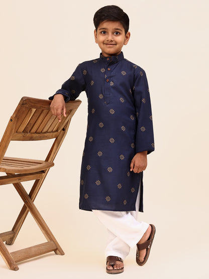 Karnam Junior - Boys Blue and Gold Printed Cotton Long Kurta Top