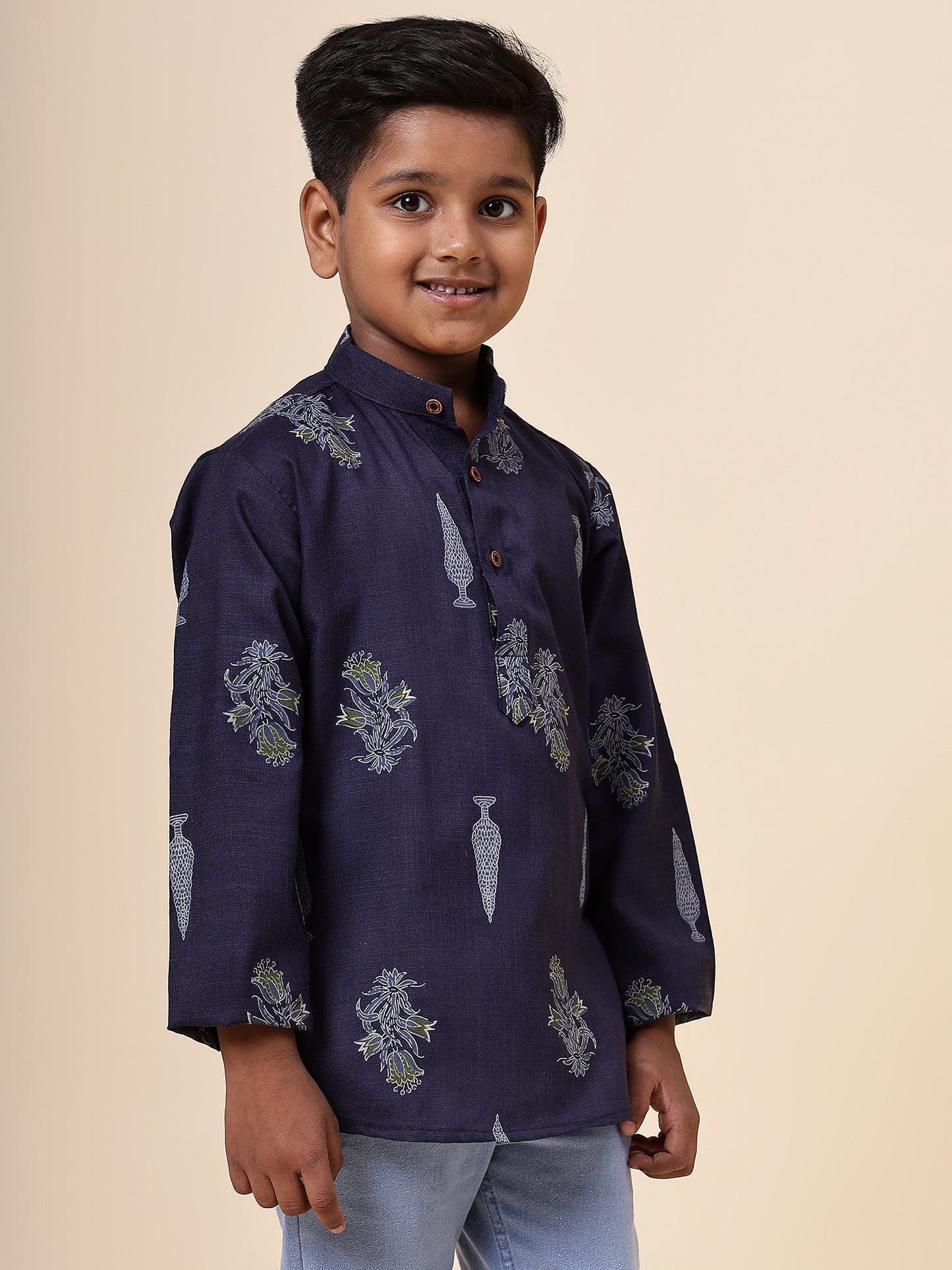 Karnam Junior - Boys Navy Blue Foliage Cotton Short Kurta