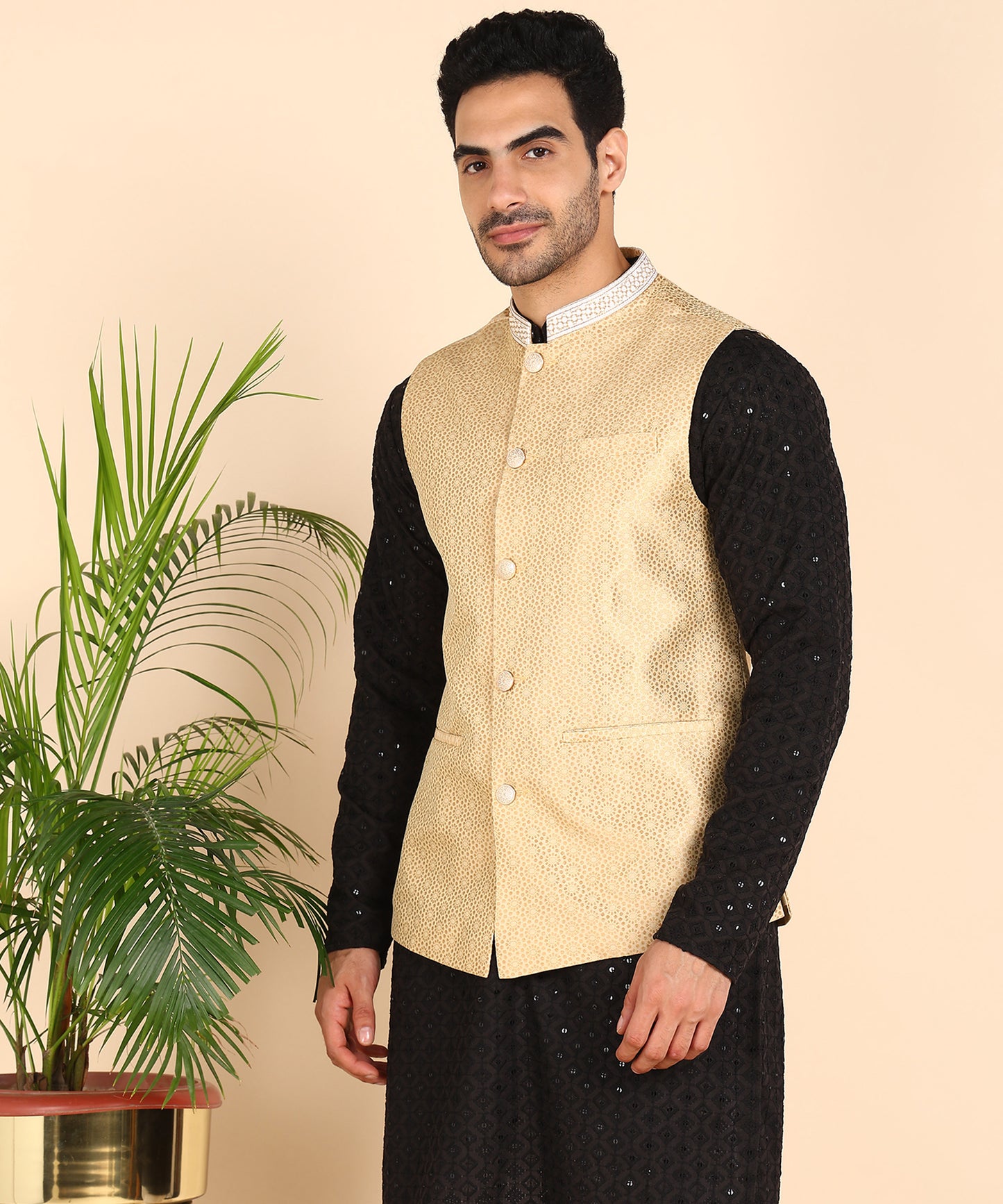 Beige Jacket with Embroidered Collar