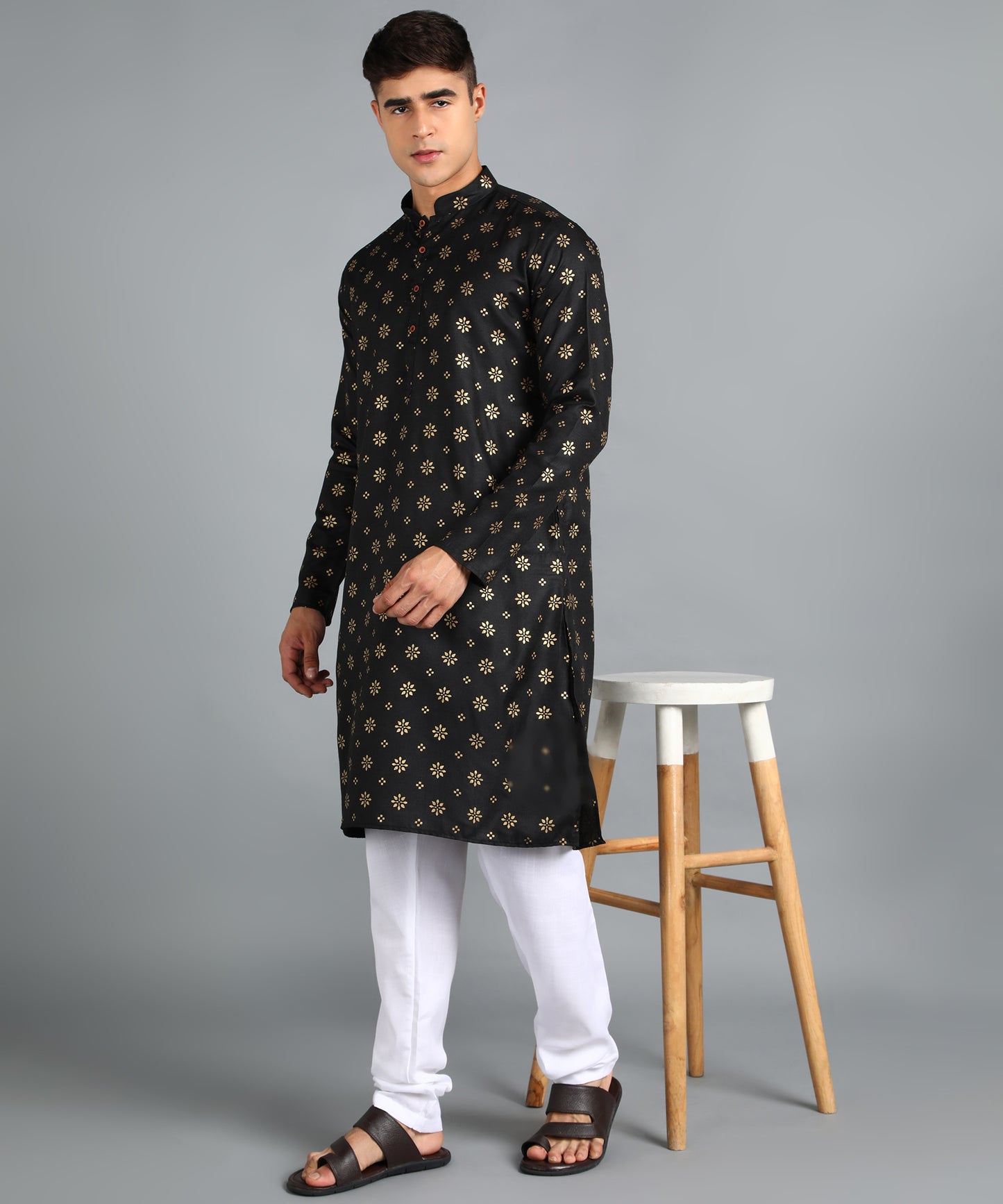 Black and Gold Printed Long Kurta