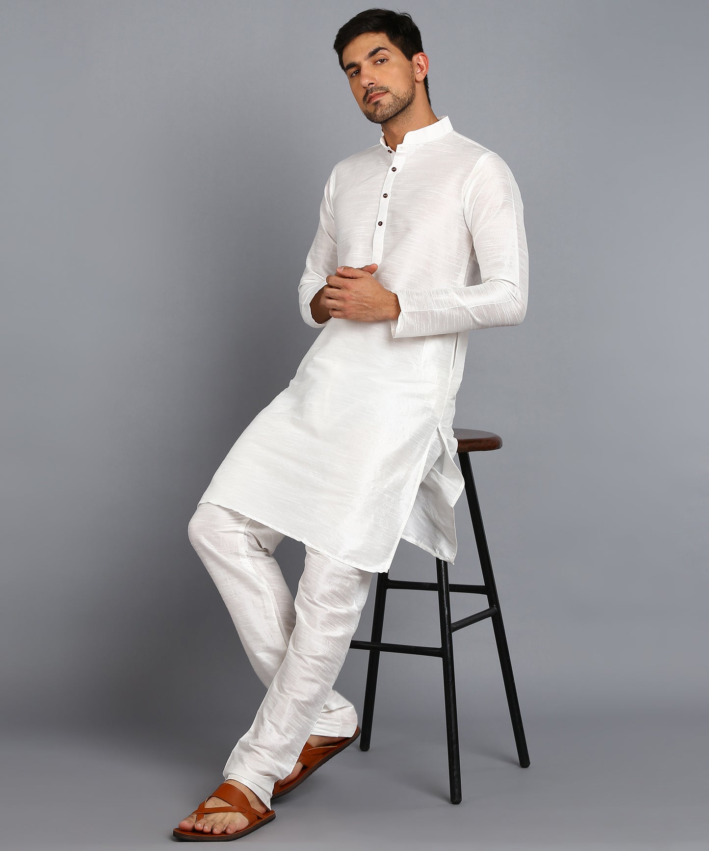 White Mens Silk Kurta Top