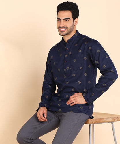 Blue and Gold Printed Short Kurta